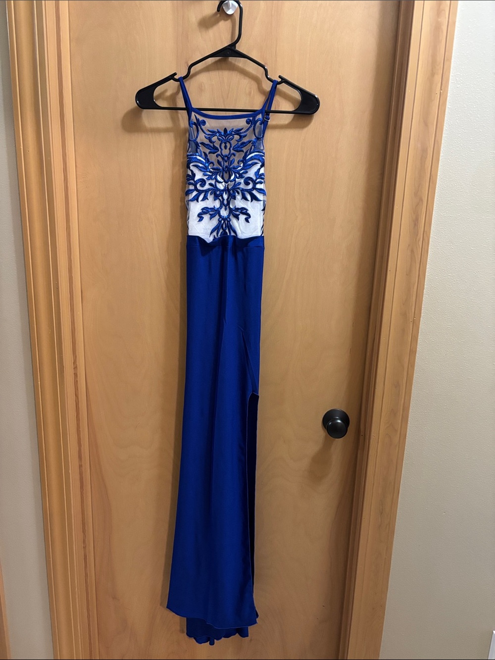 Class and Fashionn - Royal Blue White Floral Embroidered Halter Maxi Dress!!